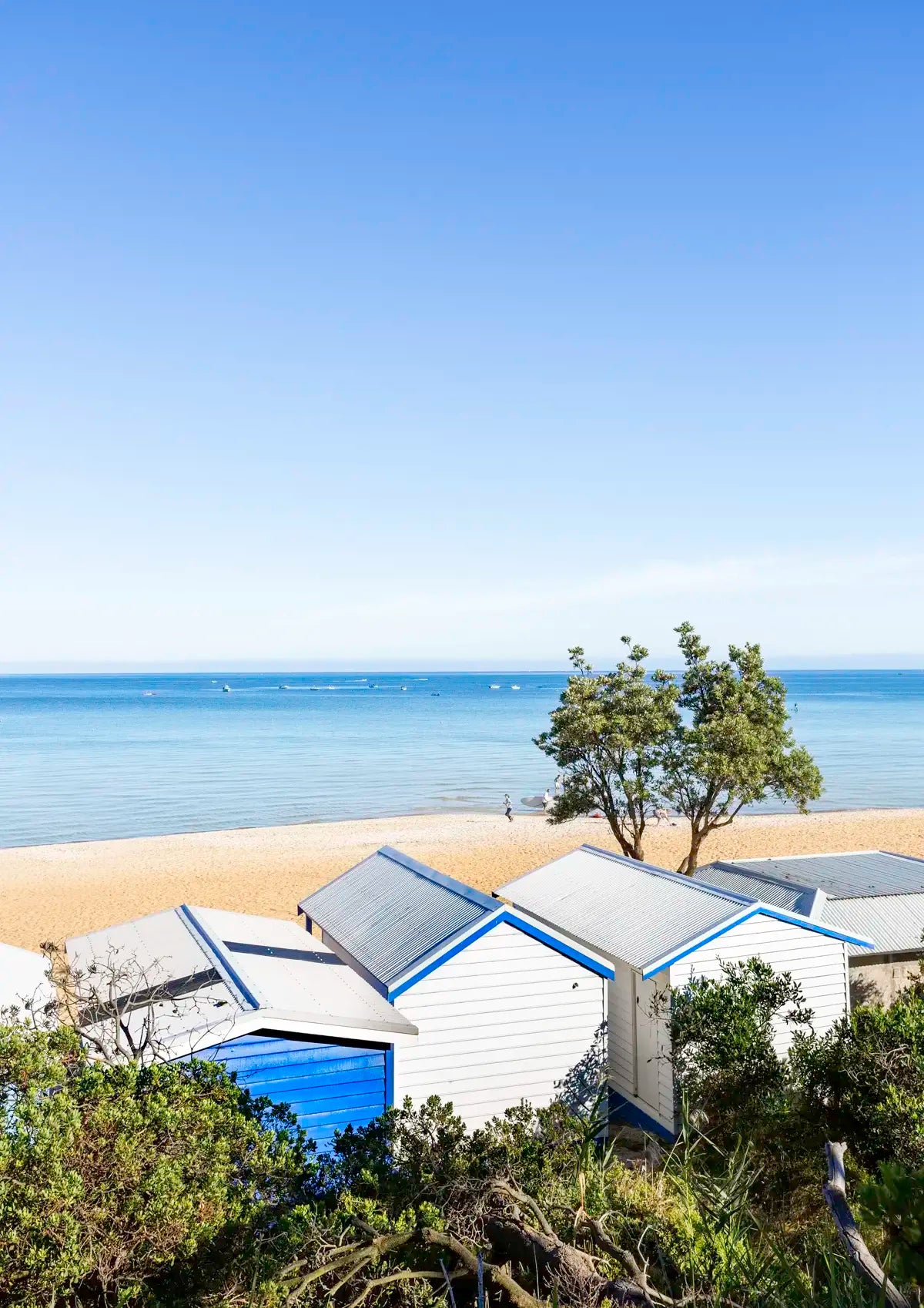 Beach huts by the ocean with clear blue sky