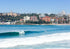 Surfing in a coastal area with buildings and trees in the background