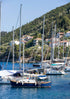 Marina with sailboats docked near a hillside with buildings and greenery