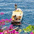 Two people on a boat in the middle of a body of water with flowers and greenery in the foreground.