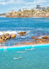 People swimming in an ocean pool with a coastal landscape and buildings in the background