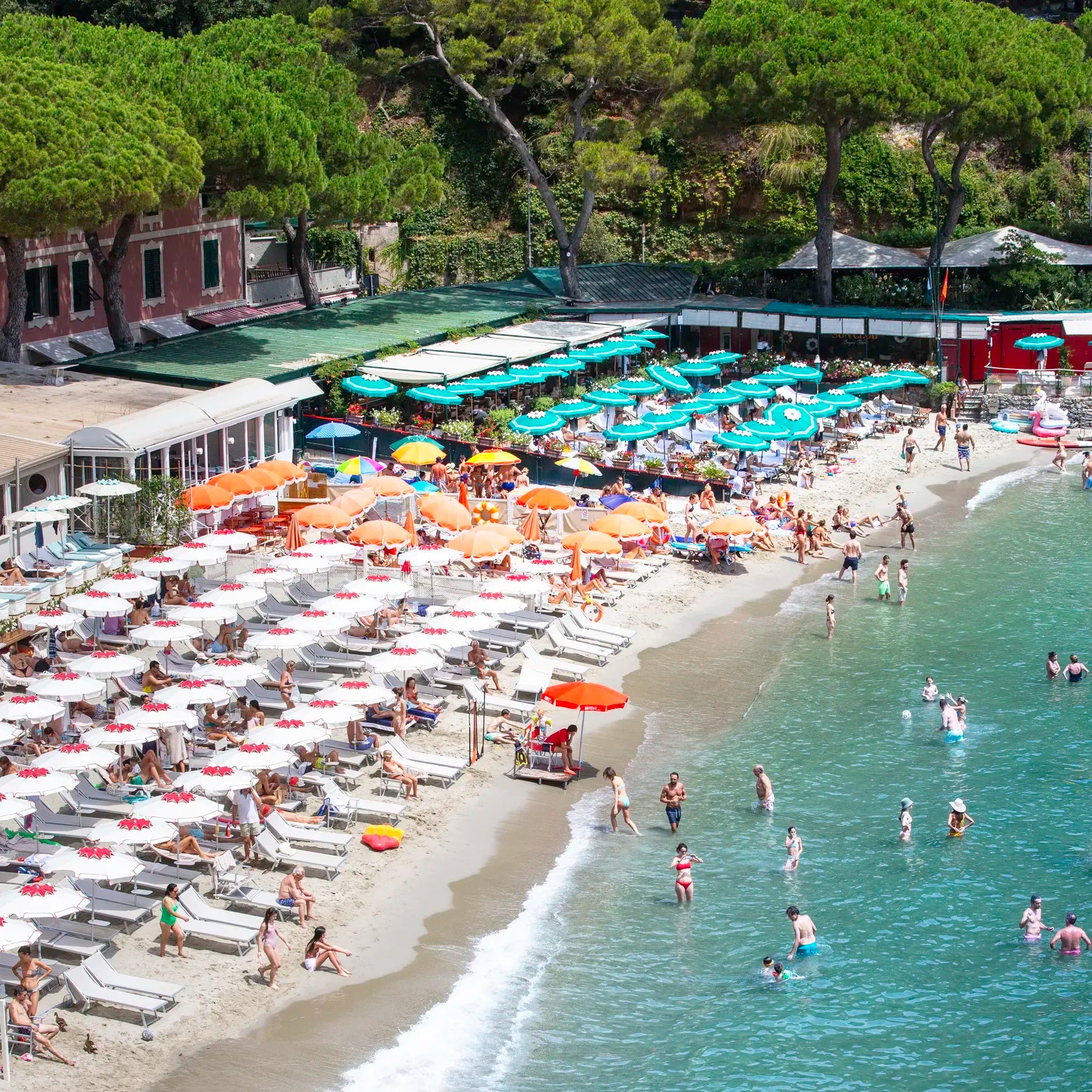 Beach scene with people, umbrellas, and lounge chairs under a tree-lined area.