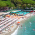 Beach scene with people, umbrellas, and lounge chairs under a tree-lined area.