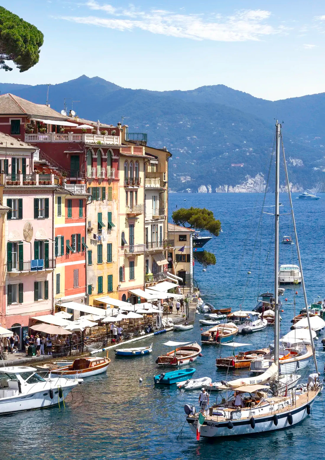 Portofino Harbour scene with boats and buildings by a mountainous landscape