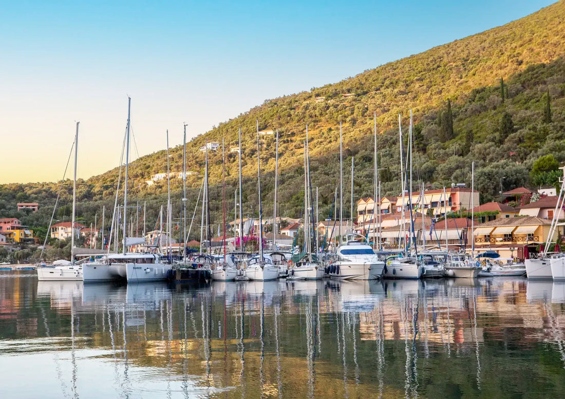 Marina with sailboats docked along a coastal hillside with buildings.