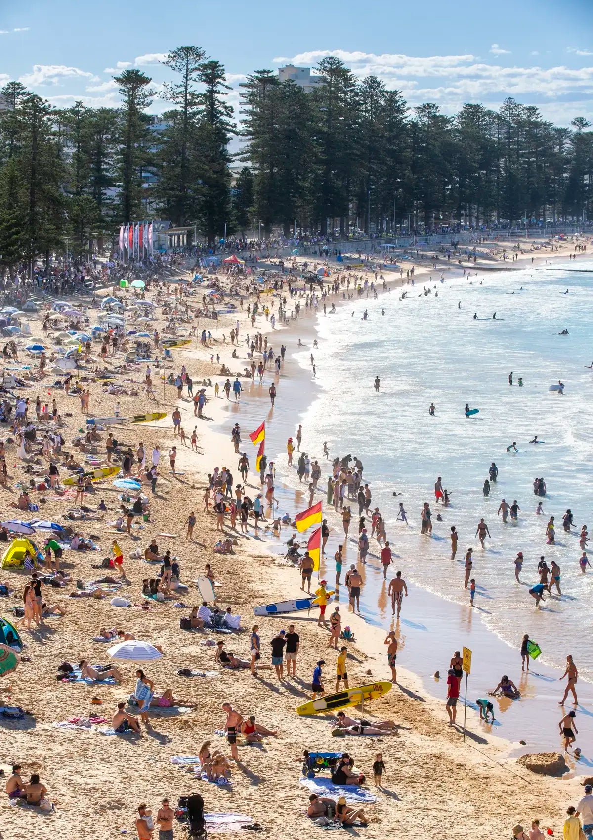 Crowded beach with people, umbrellas, and flags under a clear blue sky.