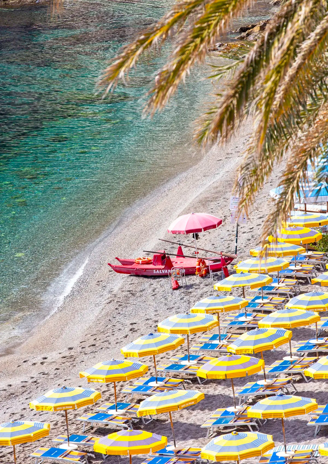Beach scene with yellow and blue umbrellas, a pink umbrella, and a palm tree.