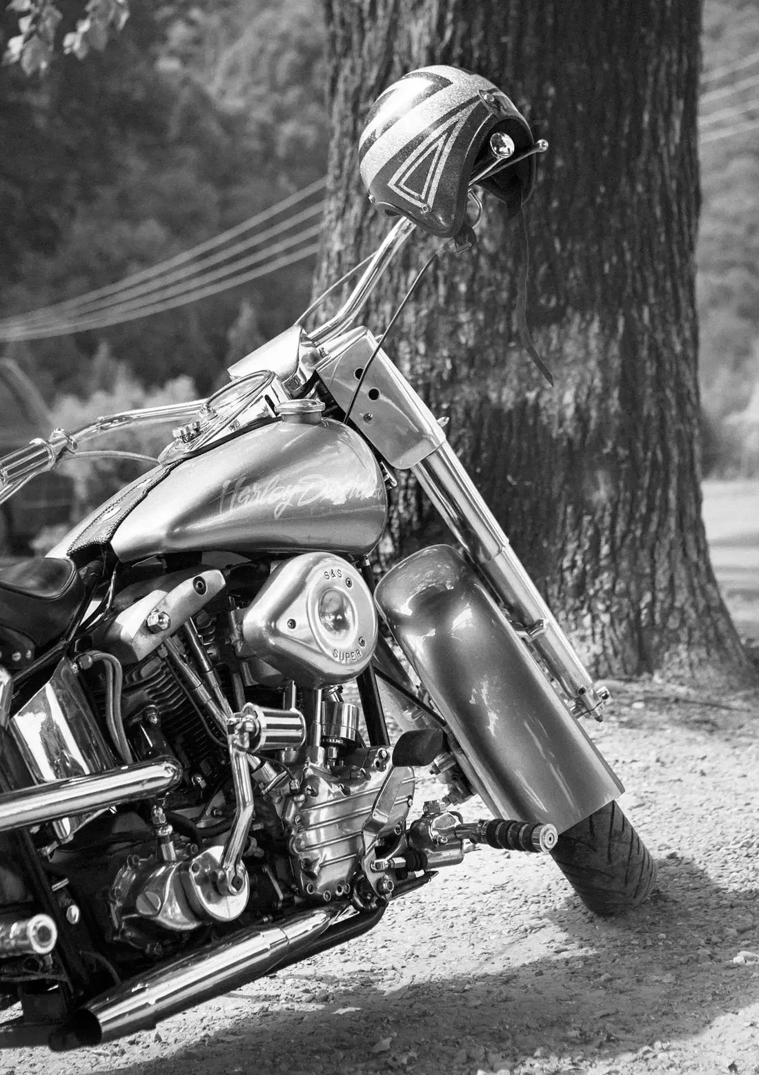 Harley Davidson Motorcycle parked next to a tree with a helmet on the handlebar